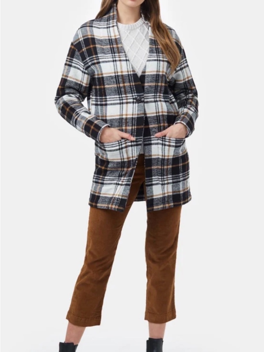 Plaid Open-Front Cardigan Jacket - White, Black & Brown